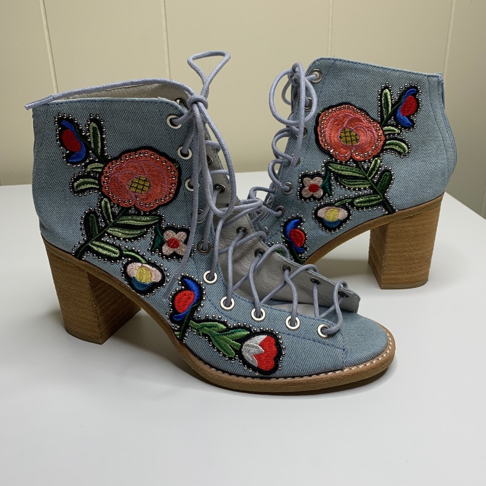 Jeffrey Campbell Cors Lace Up Denim Heeled Booties